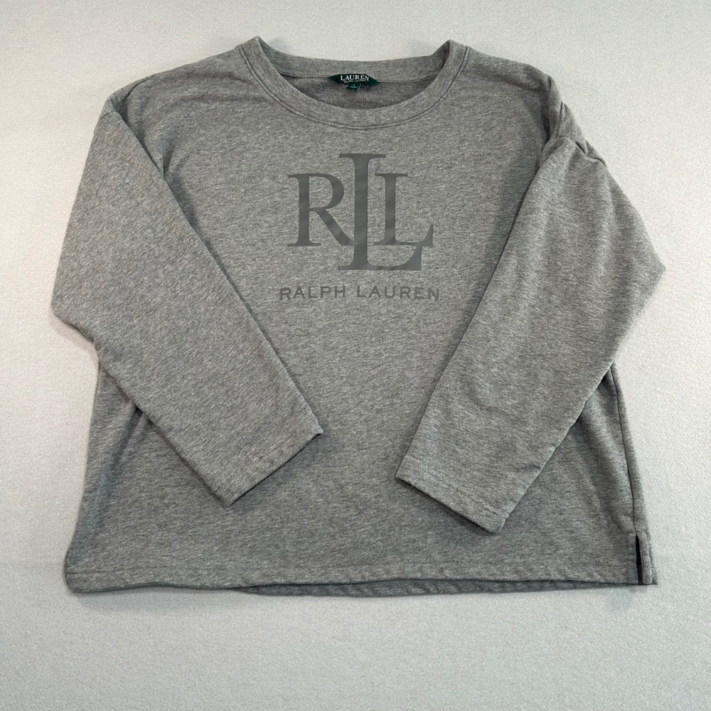 Lauren Ralph Lauren Sweatshirt Women L Grey Logo Monogram French Terry Top